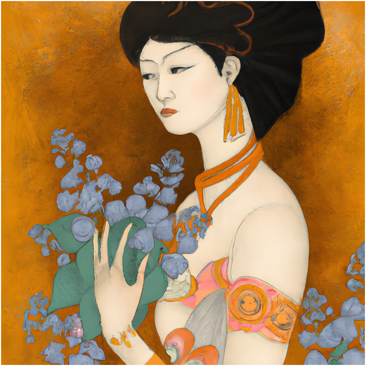 Fine Art Poster Print of a painted image of a Geisha holding some violets 