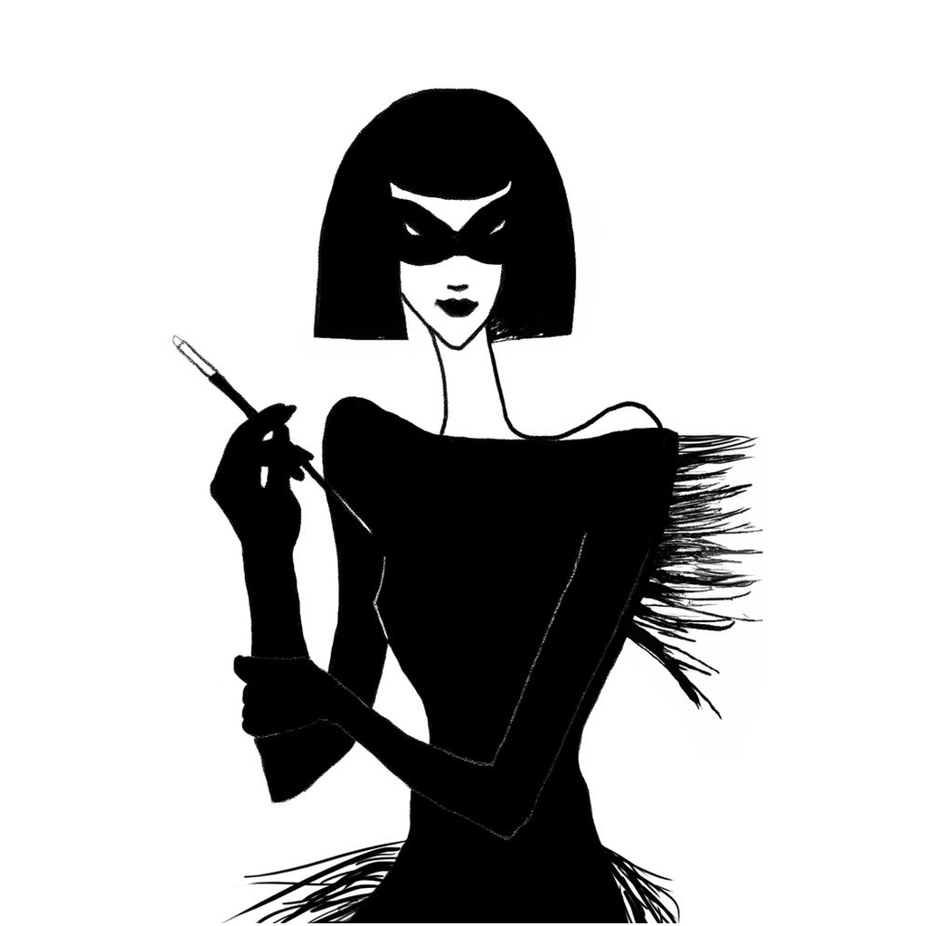 Fine art Poster Print of an ink drawing of a 1920's woman in a mask and holding a long cigarette