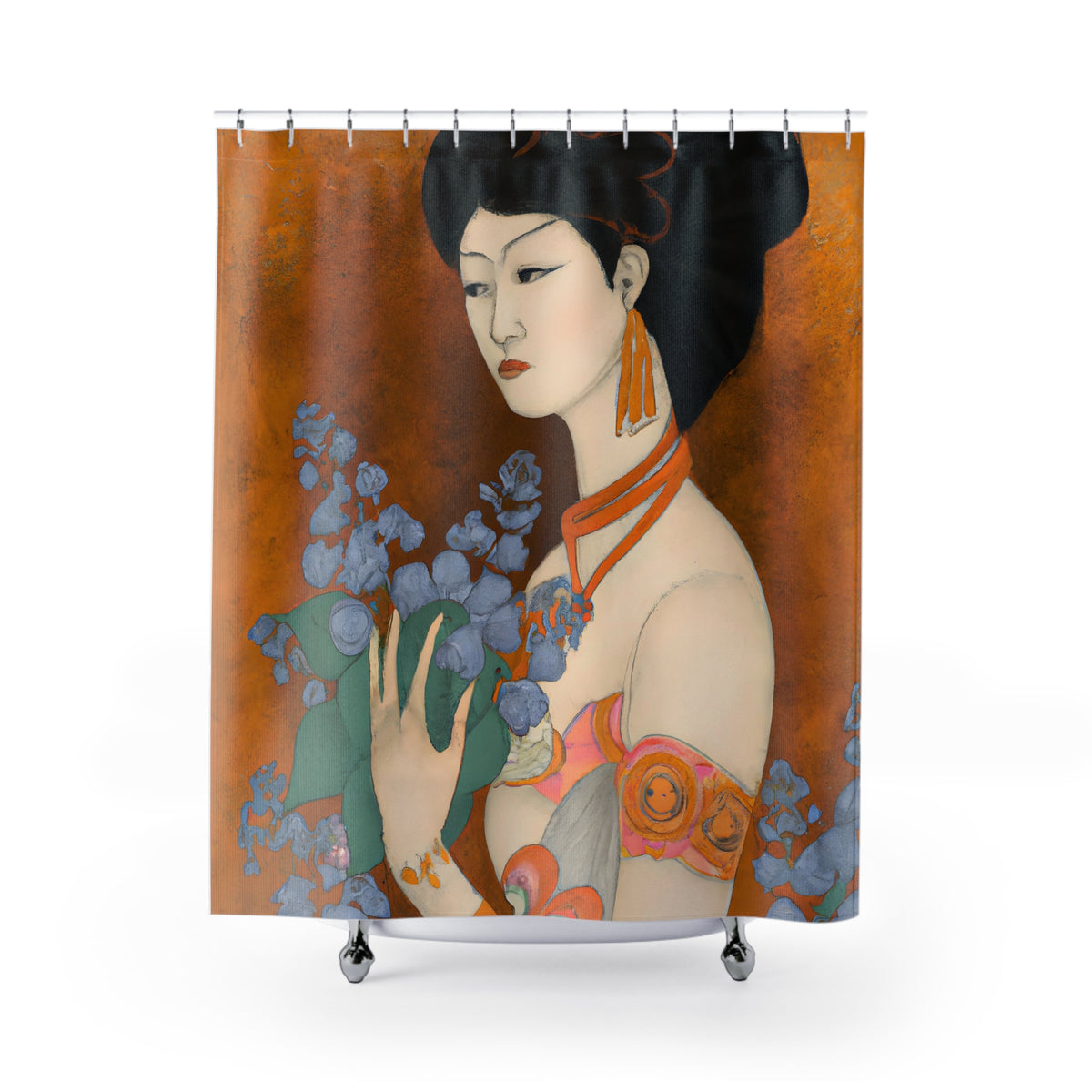 front view of a shower curtain with a painted image of a Geisha holding some violets