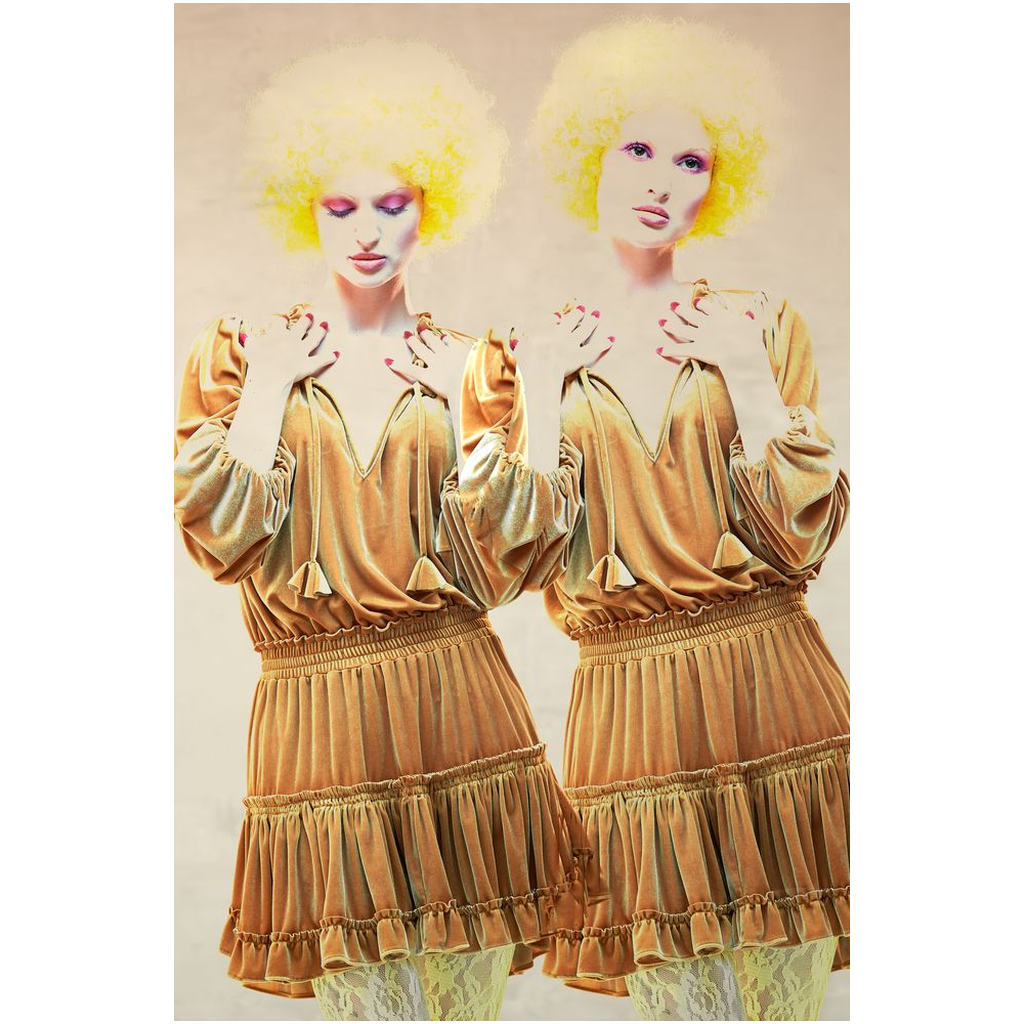 Fine Art Poster Print of Gemini twins in a vintage gold dress with yellow curly hair
