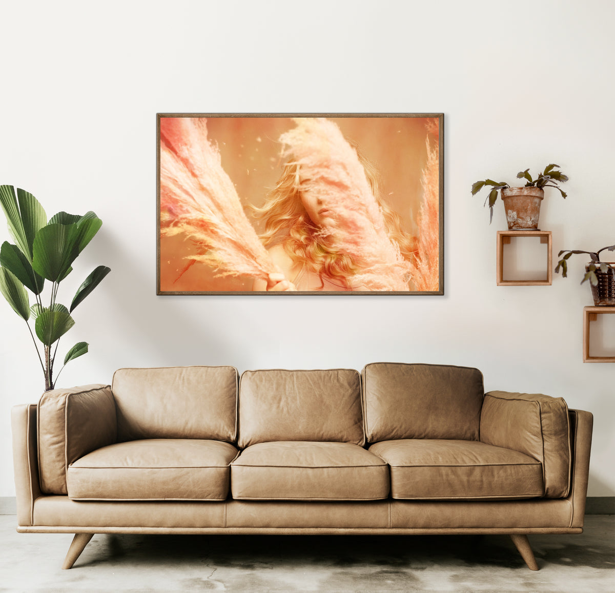 living room view with a framed image of Fine art print of a young blonde girl holding pink fluffy plumes