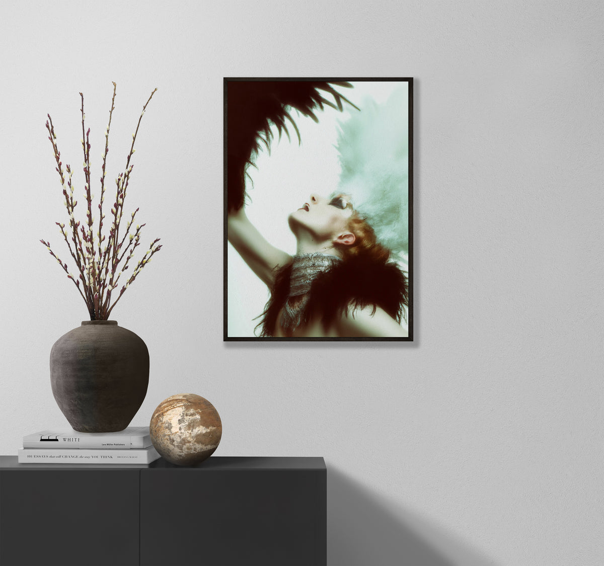 living room view with a framed picture of Fine art Print of a Follies Bergere dancer with lots of plumage