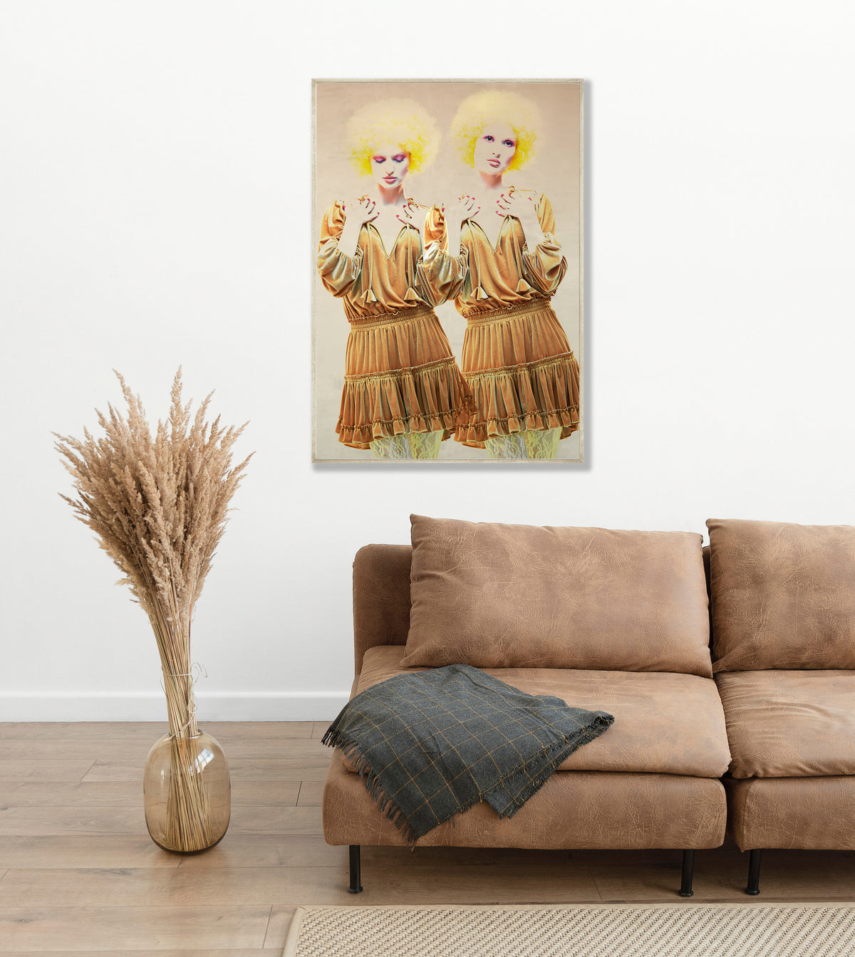 interior living room view with Fine Art Poster Print of Gemini twins in a vintage gold dress with yellow curly hair