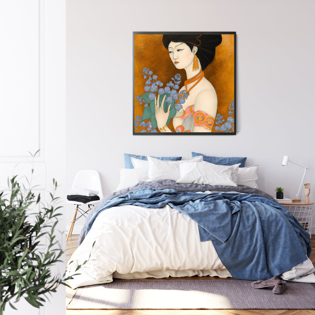 interior bedroom view with a framed Fine Art Poster Print of a painted image of a Geisha holding some violets 