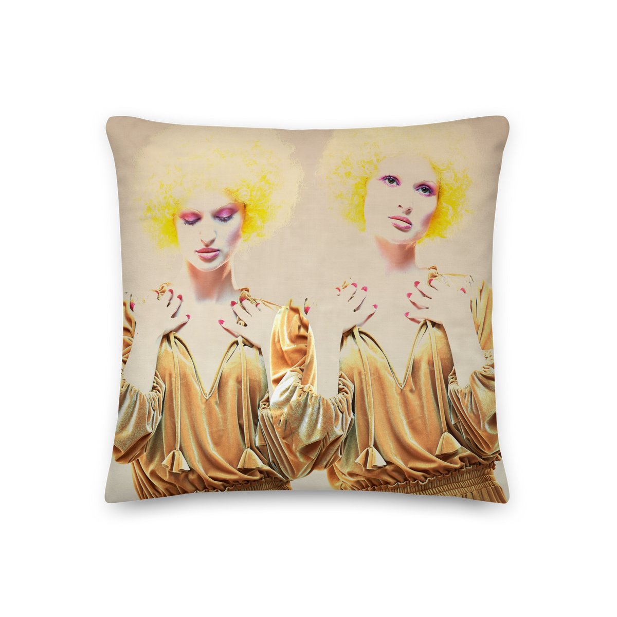 premium pillow with a photo of Gemini twins in a vintage gold dress with yellow curly hair
