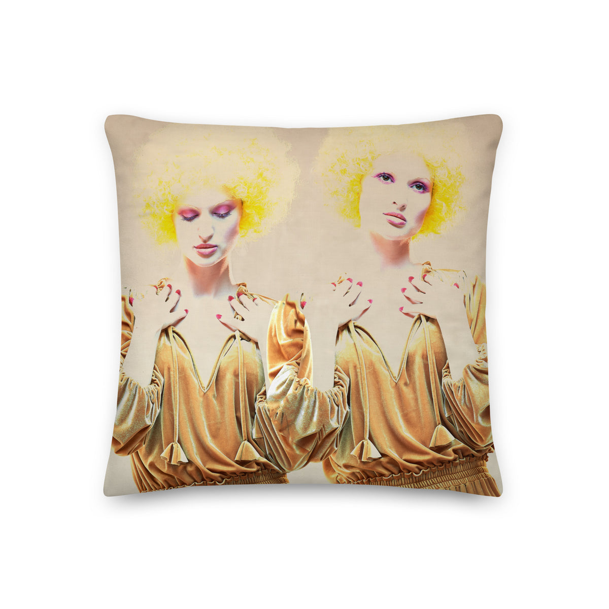 premium pillow with a photo of Gemini twins in a vintage gold dress with yellow curly hair