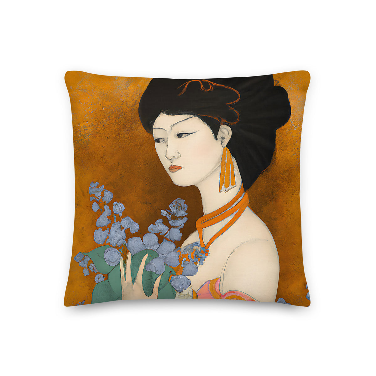 Premium Pillow with a painted image of a Geisha holding some violets