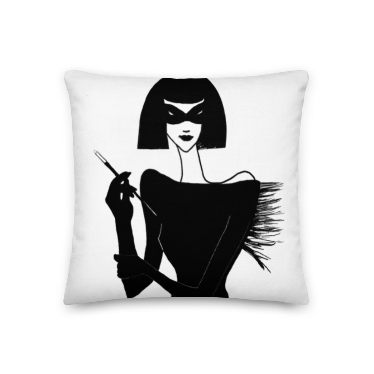 Premium Pillow with an ink drawing of a 1920's woman in a mask and holding a long cigarette