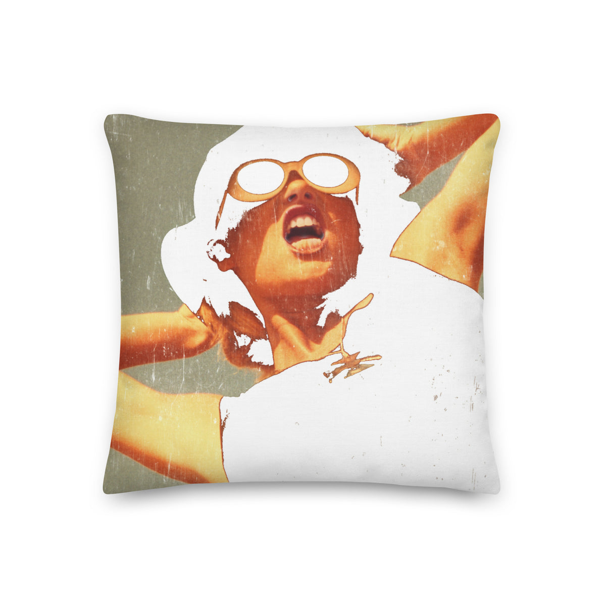 Premium pillow with the image of a fashion model artistically rendered front view