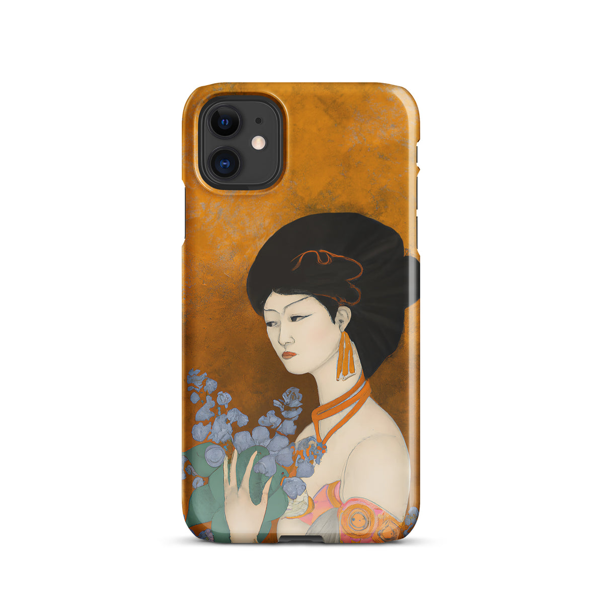 iPhone case with a painted image of a Geisha holding some violets 