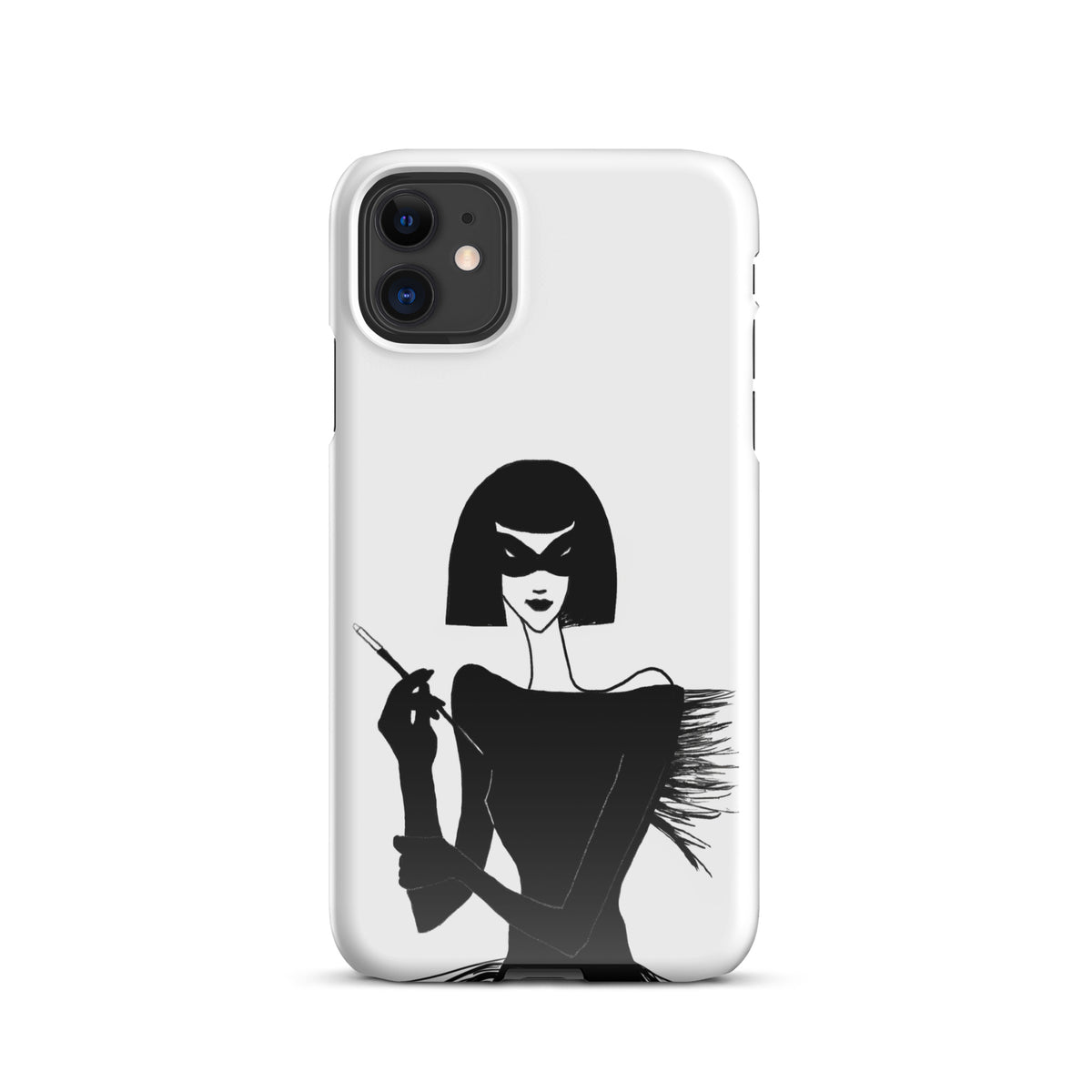 iPhone case with an ink drawing of a 1920's woman in a mask and holding a long cigarette