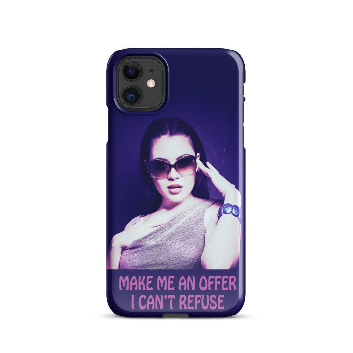 iPhone case with a purple wrap and an image of a young woman in sunglasses. There is pink text that reads Make Me An Offer I Can't Refuse