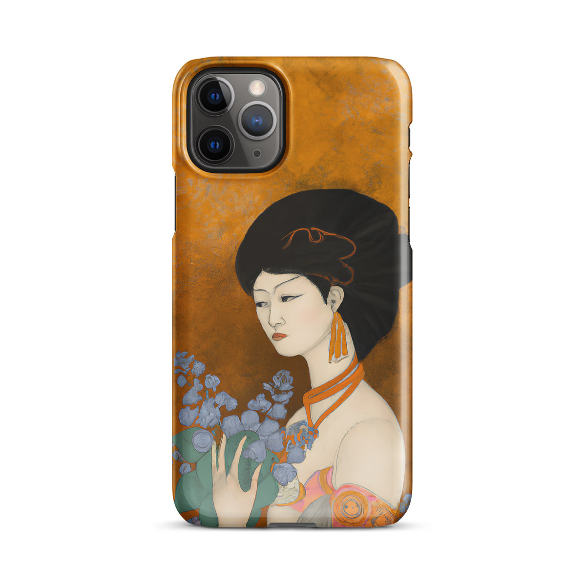 iPhone case with a painted image of a Geisha holding some violets 