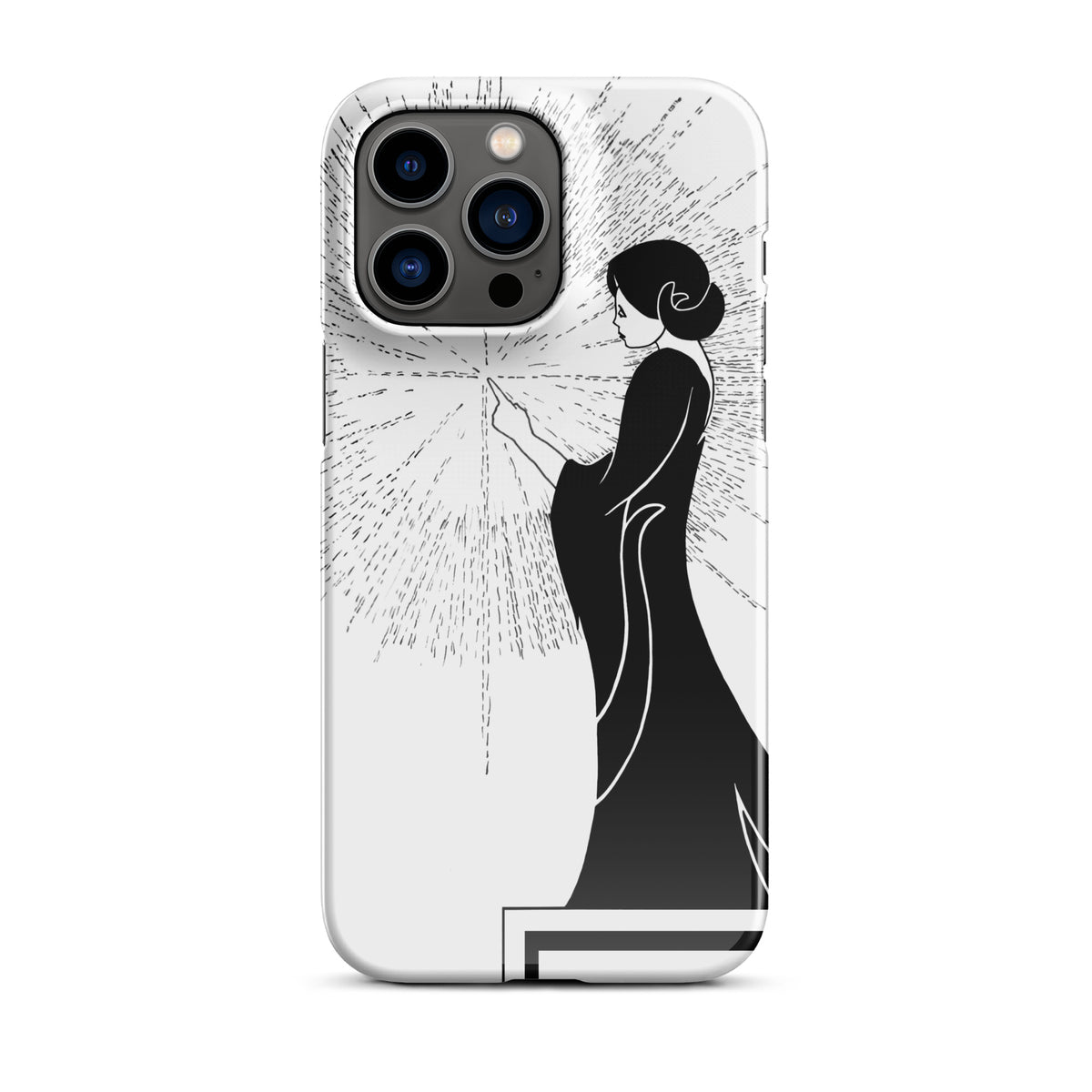 iPhone Case with an ink drawing of a woman touching the spark of creation in an Art Deco style
