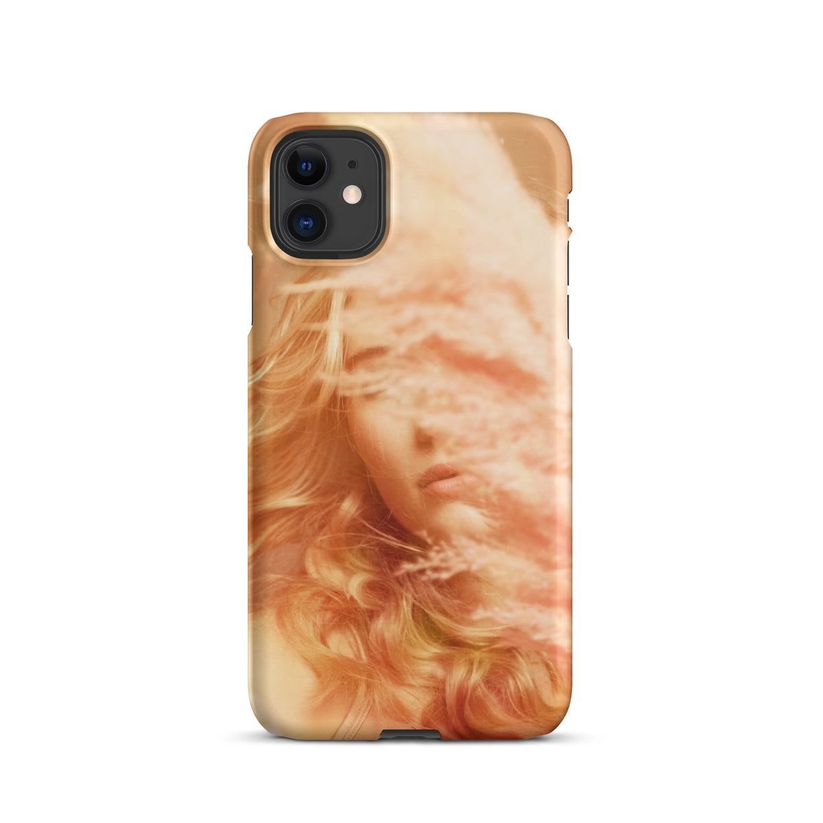 iPhone case with a fine art print of a young blonde girl holding pink fluffy plumes