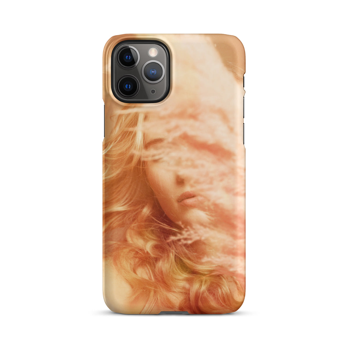iPhone case with a fine art print of a young blonde girl holding pink fluffy plumes
