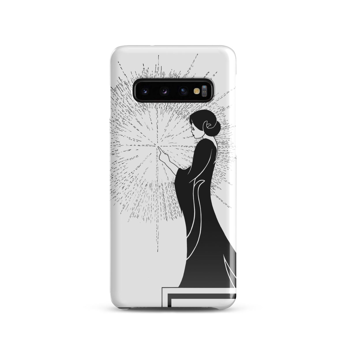 Samsung Phone Case with an ink drawing of a woman touching the spark of creation in an Art Deco style