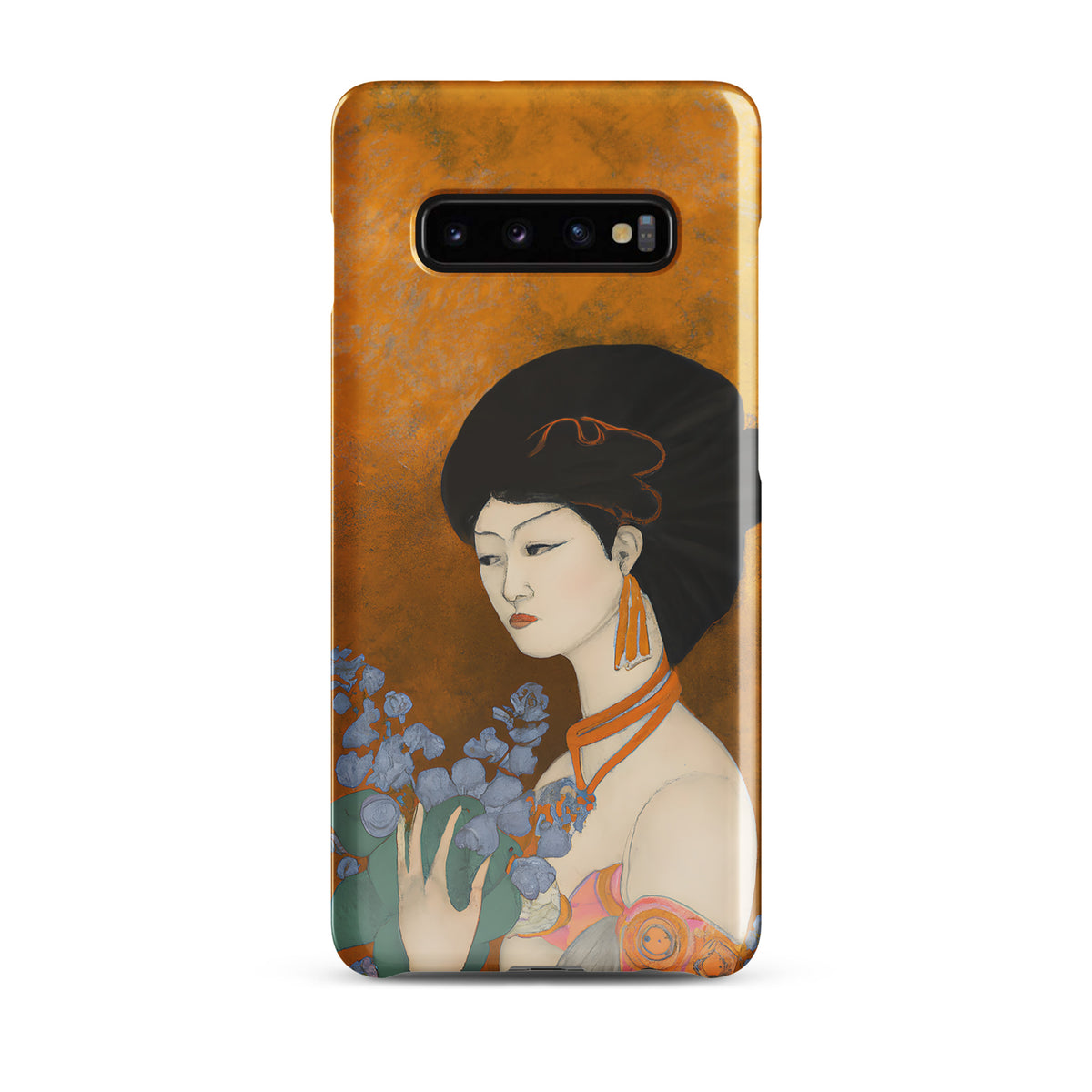  Samsung Phone case with a painted image of a Geisha holding some violets 