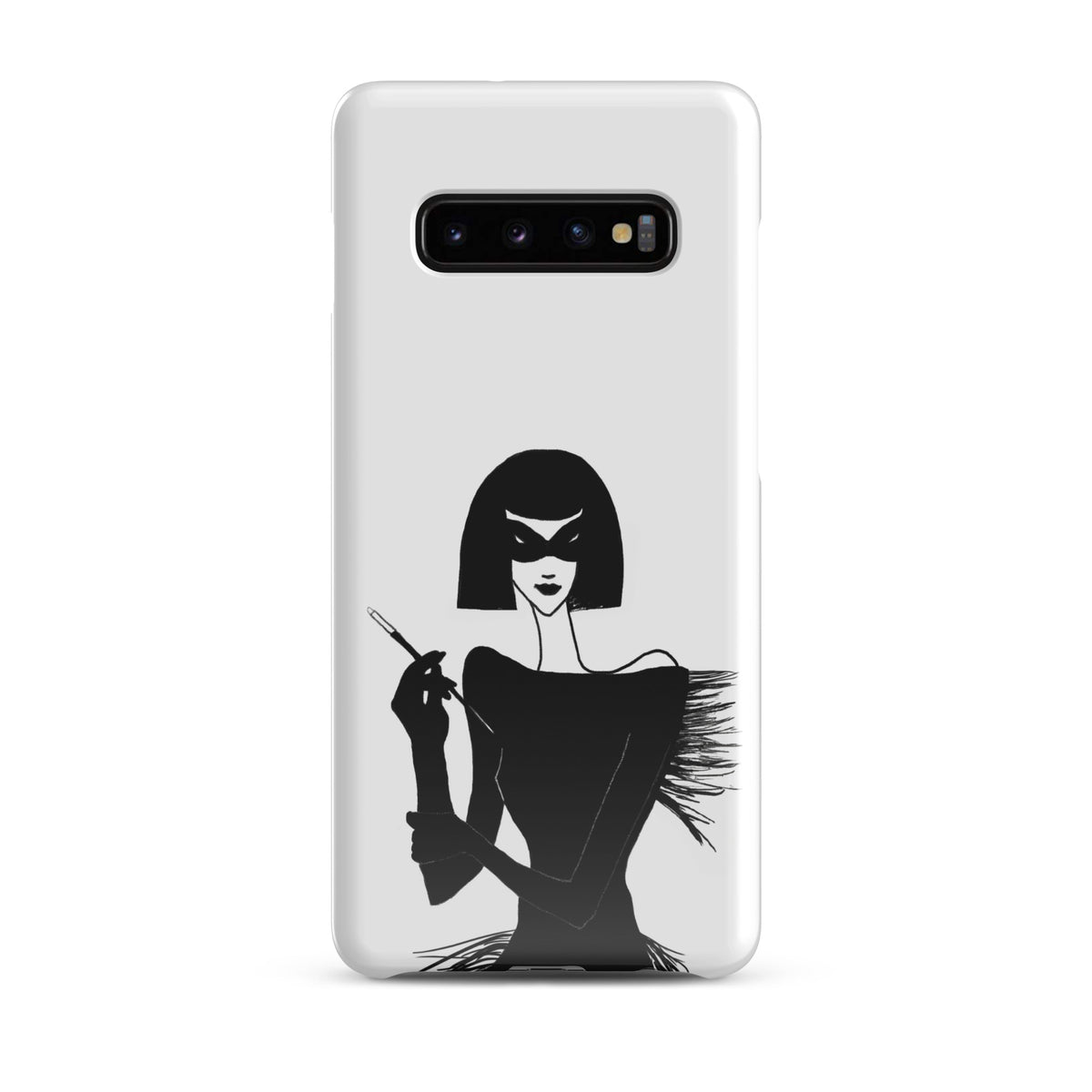 Samsung Phone case with an ink drawing of a 1920's woman in a mask and holding a long cigarette