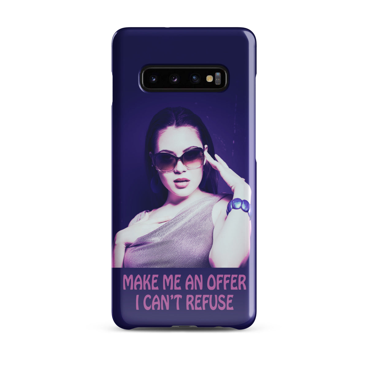  Samsung Phone case with a purple wrap and an image of a young woman in sunglasses. There is pink text that reads Make Me An Offer I Can't Refuse