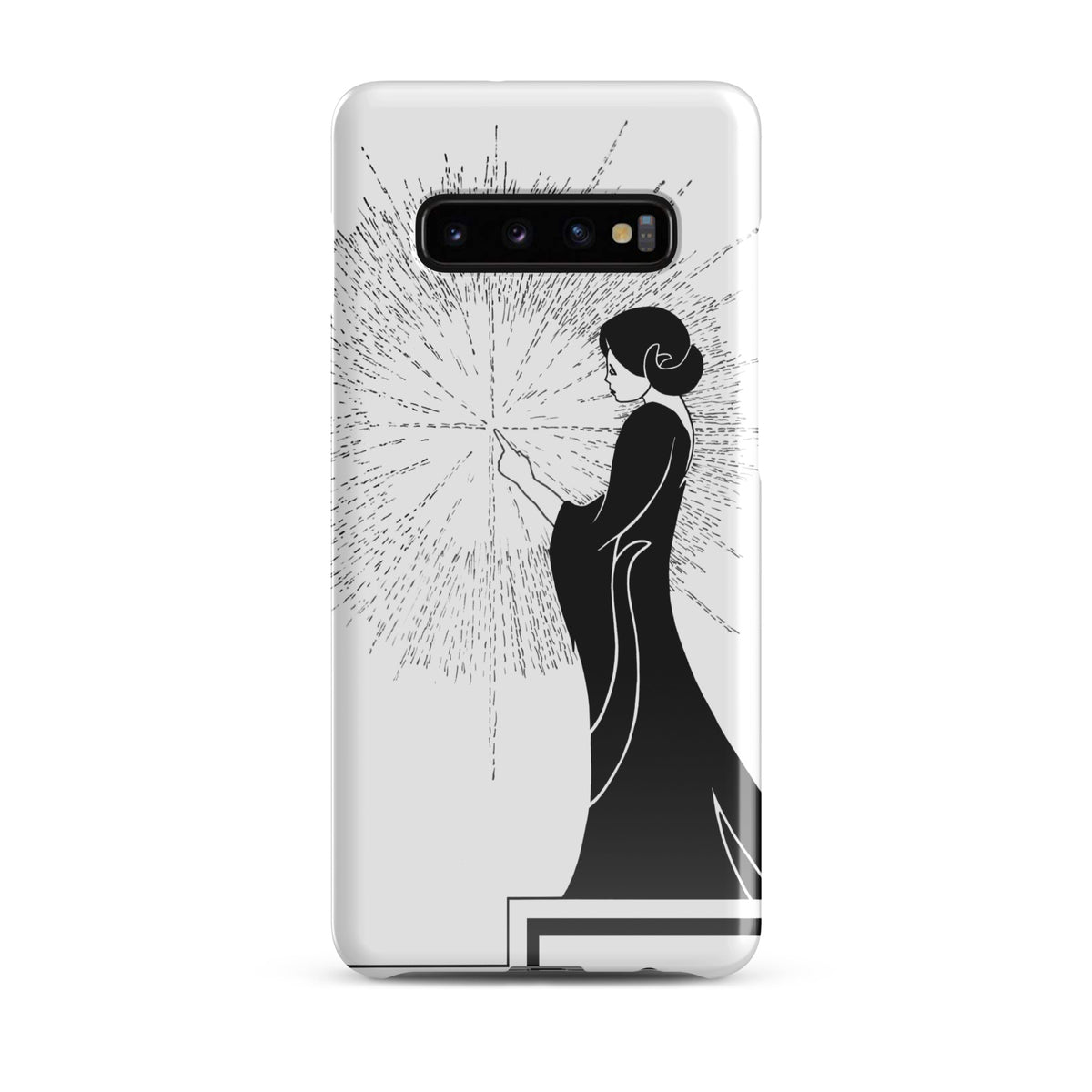 Samsung Phone Case with an ink drawing of a woman touching the spark of creation in an Art Deco style