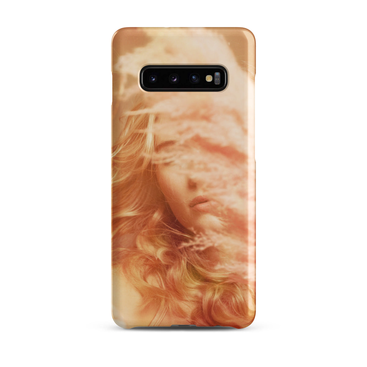 Samsung phone case with a fine art print of a young blonde girl holding pink fluffy plumes