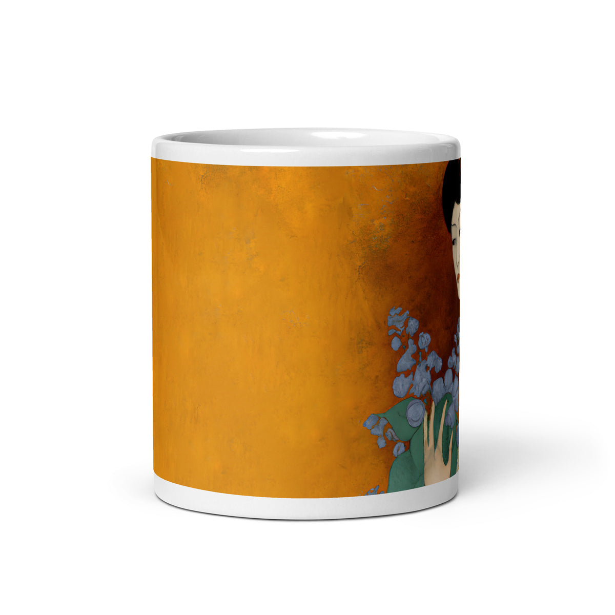 Coffee Mug with a painted image of a Geisha holding some violets 