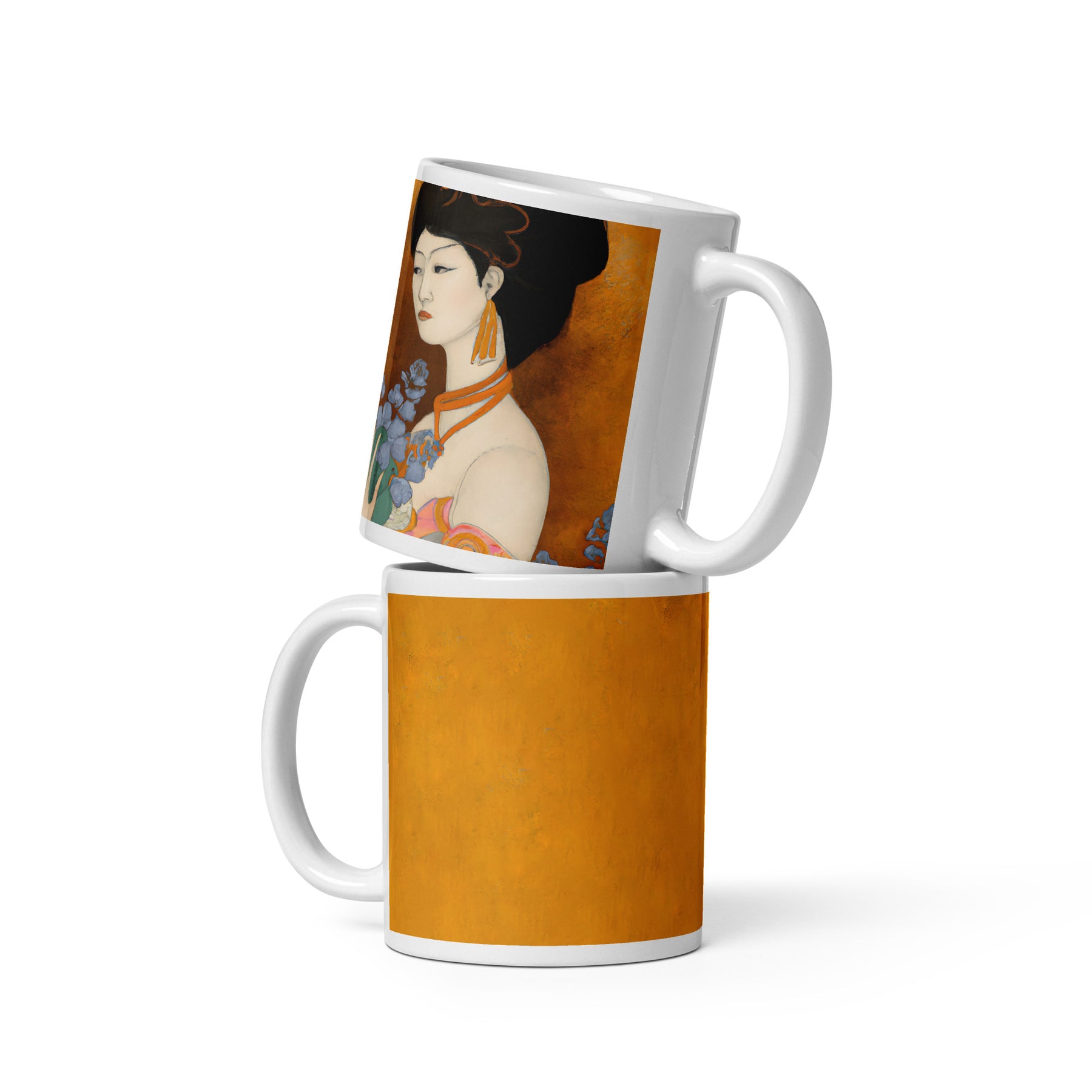 stacked Coffee Mug with a painted image of a Geisha holding some violets 