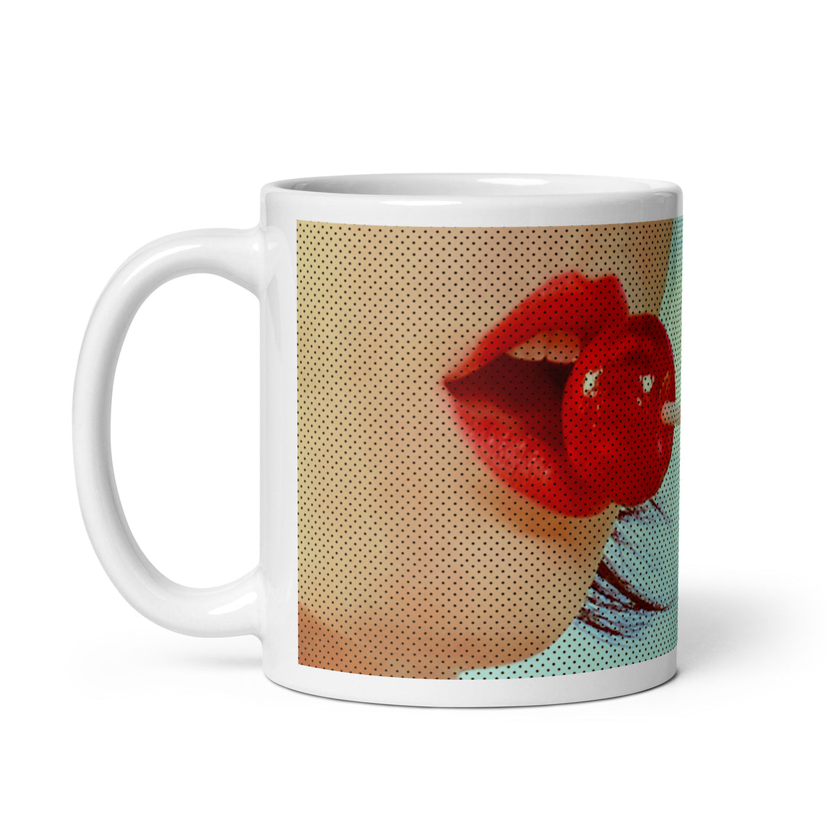 coffee mug with image of a girl with a red lolly pop in a pop art style
