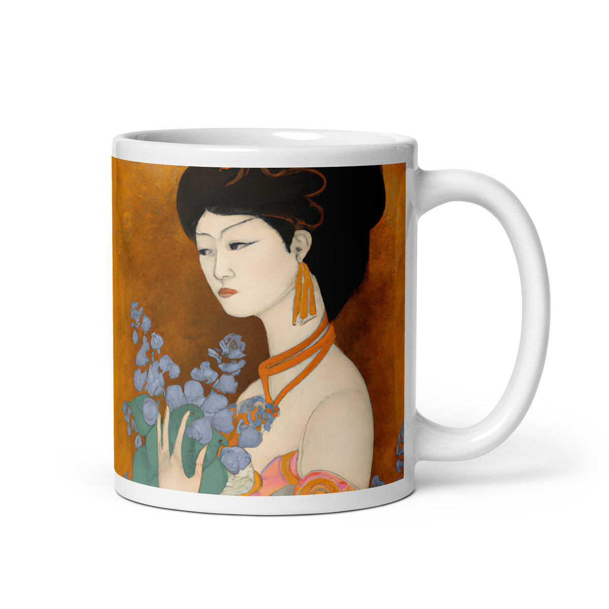 Coffee Mug with a painted image of a Geisha holding some violets 
