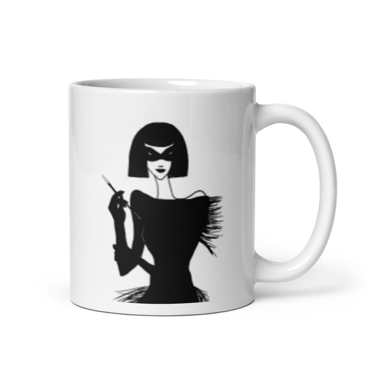 coffee mug with an ink drawing of a 1920's woman in a mask and holding a long cigarette