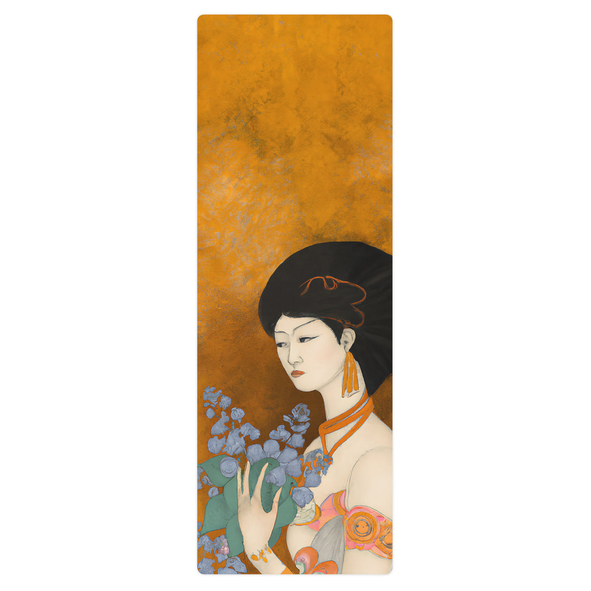 Yoga Mat with a painted image of a Geisha holding some violets
