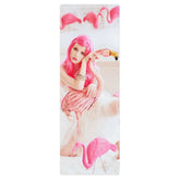 top view of a yoga mat with with a girl in a pink wig with pink flamingos