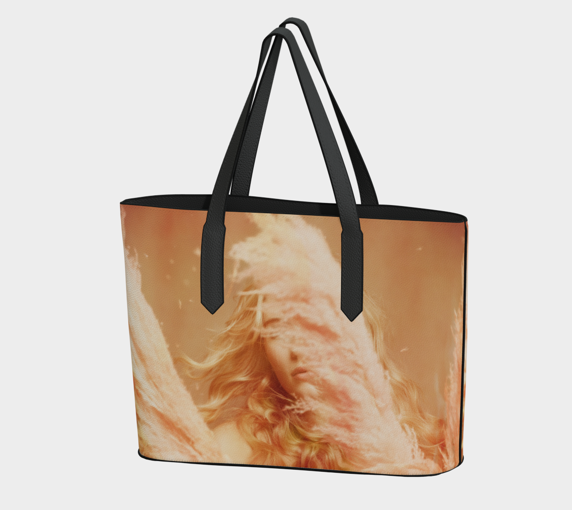 vegan leather tote bag of a Fine art print of a young blonde girl holding pink fluffy plumes