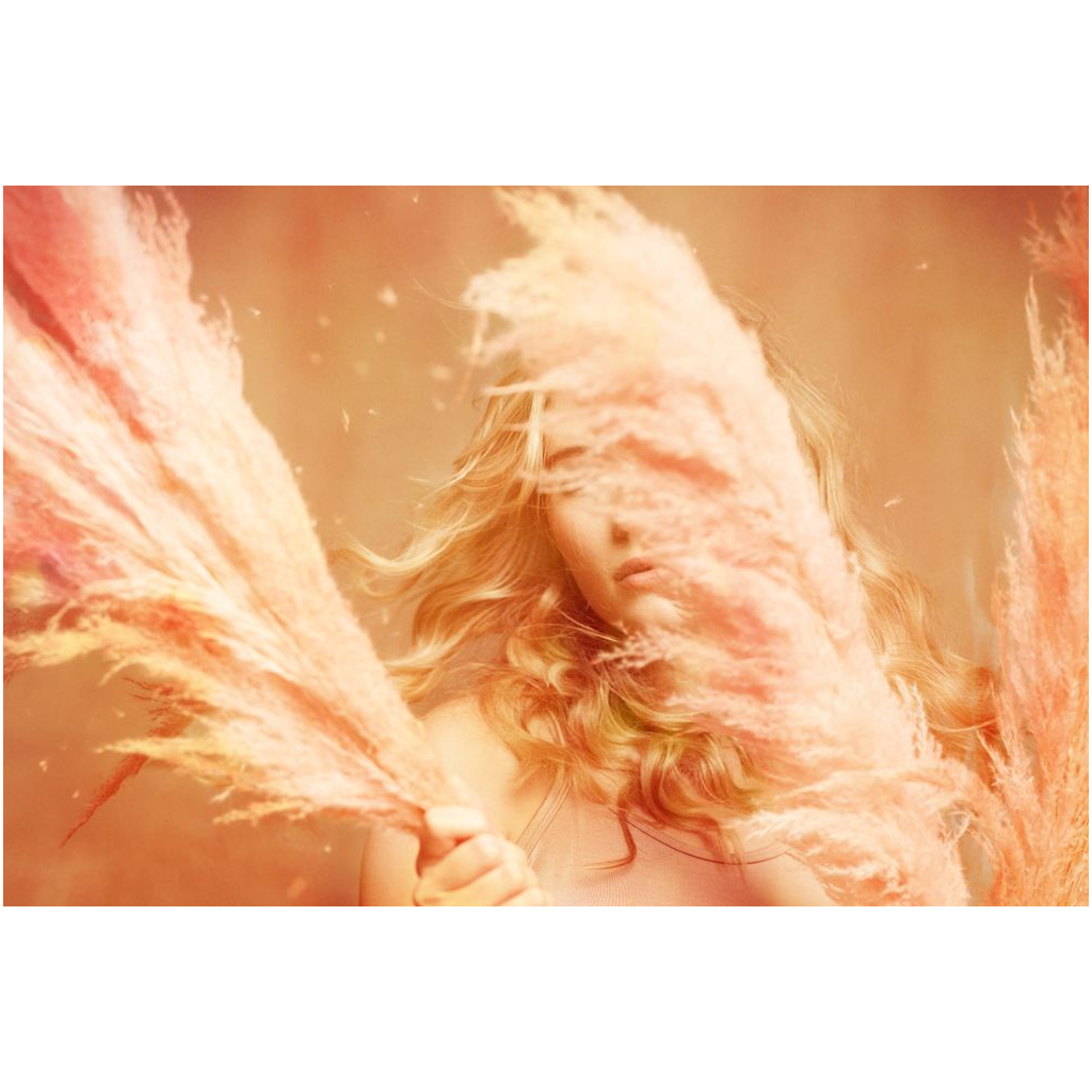 Fine art print of a young blonde girl holding pink fluffy plumes