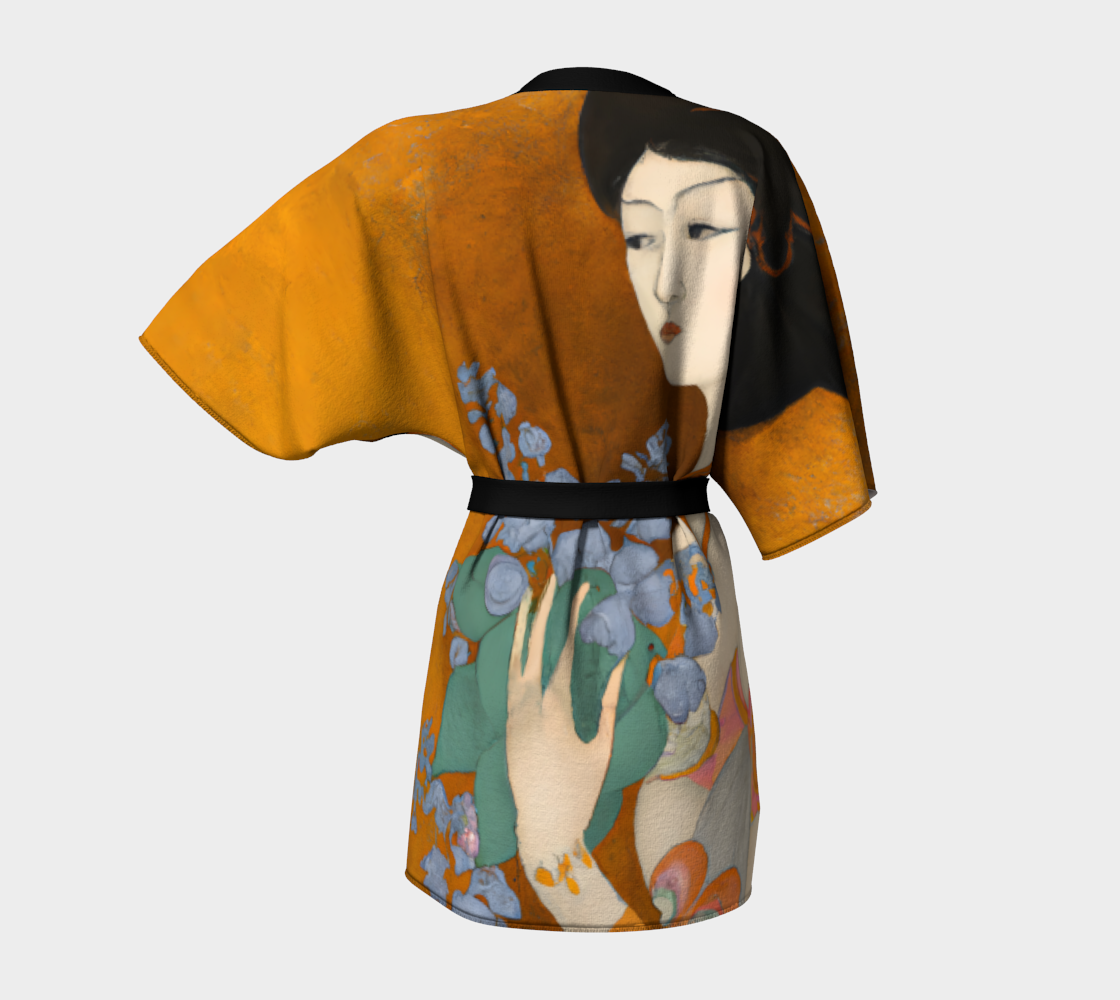 Short Kimono Robe with a  painted image of a Geisha holding some violets back view