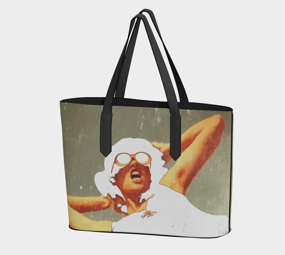 vegan leather tote bag with the image of a fashion model artistically rendered 