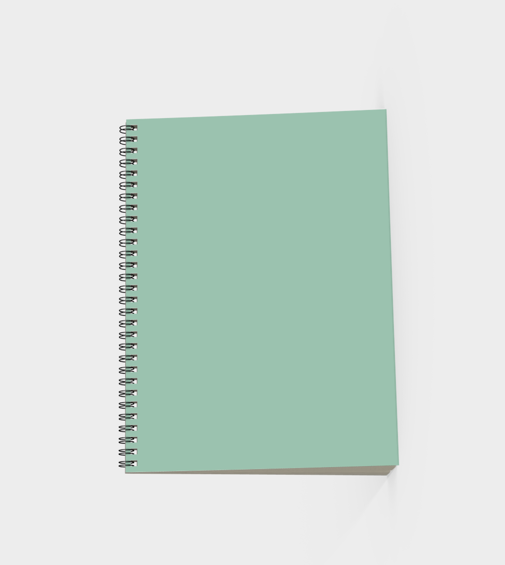 back view of a spiral notebook with a green colour
