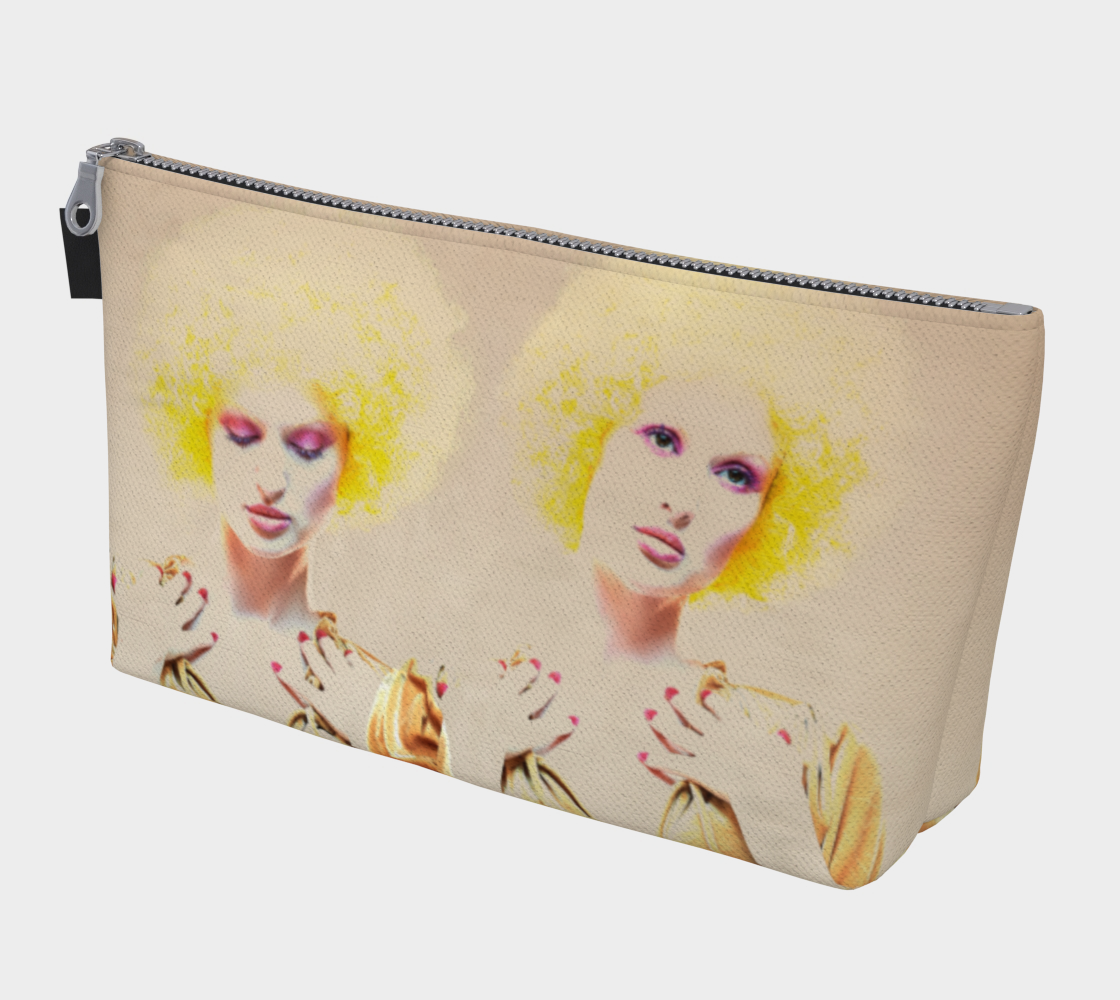 canvas make up bag with a photo of Gemini twins in a vintage gold dress with yellow curly hair