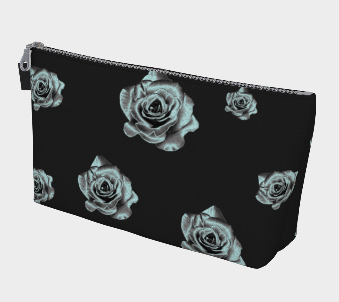 canvas makeup bag with a black and silver rose pattern on it 