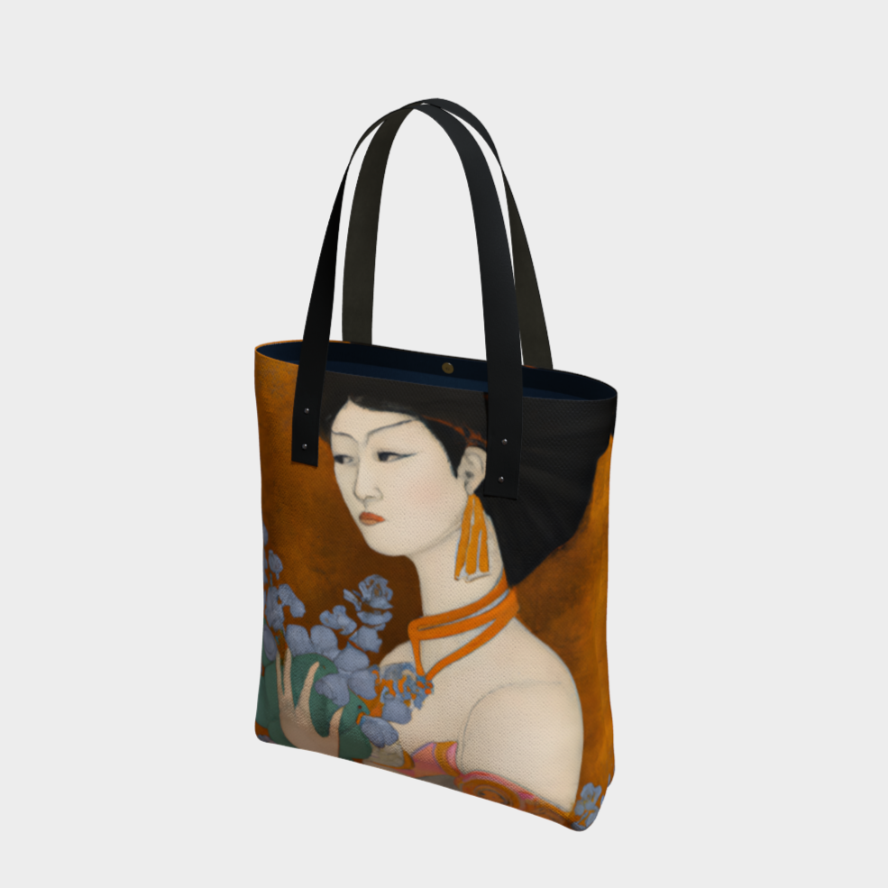Tote Bag with a painted image of a Geisha holding some violets