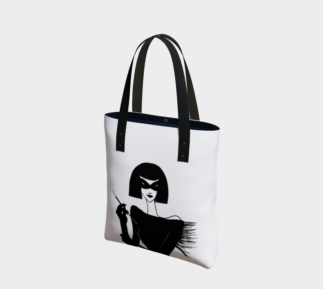 Tote Bag with an ink drawing of a 1920's woman in a mask and holding a long cigarette