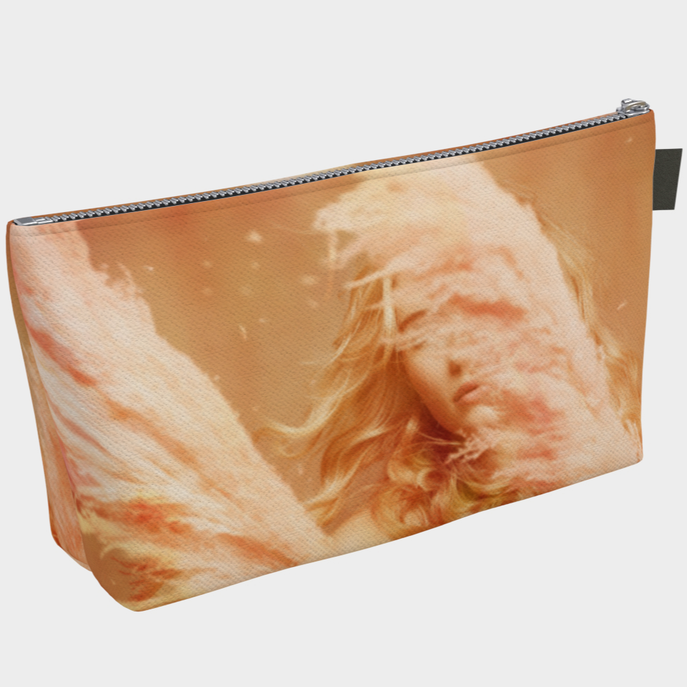 Canvas make up bag of a Fine art print of a young blonde girl holding pink fluffy plumes