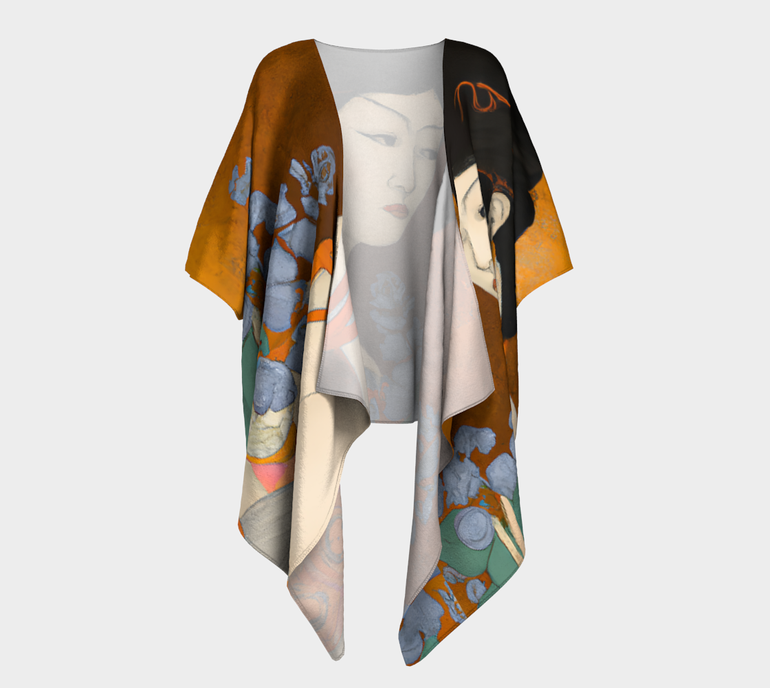 Draped Kimono with the painted image of a Geisha holding some violets front view