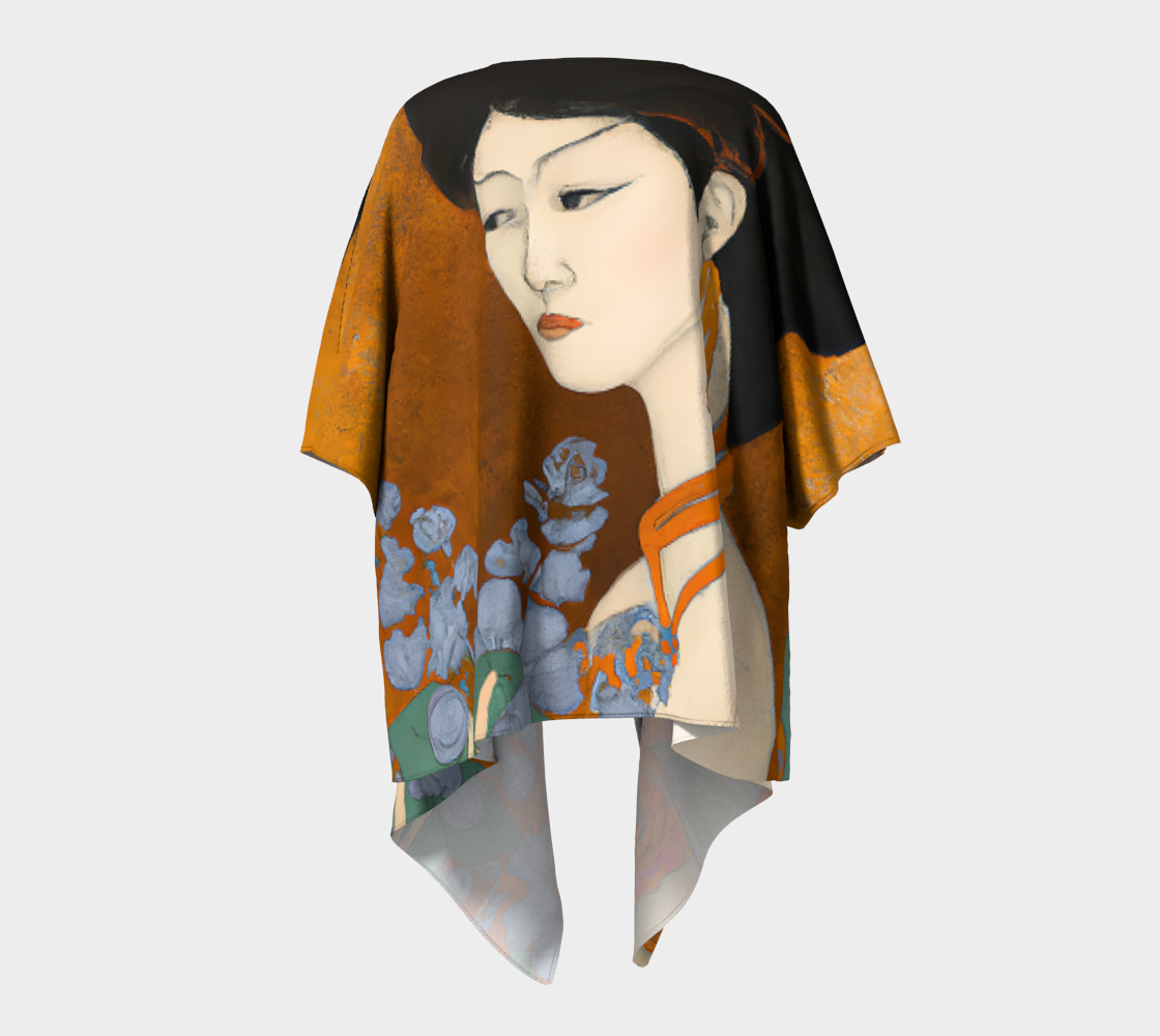 Draped Kimono with the painted image of a Geisha holding some violets back view
