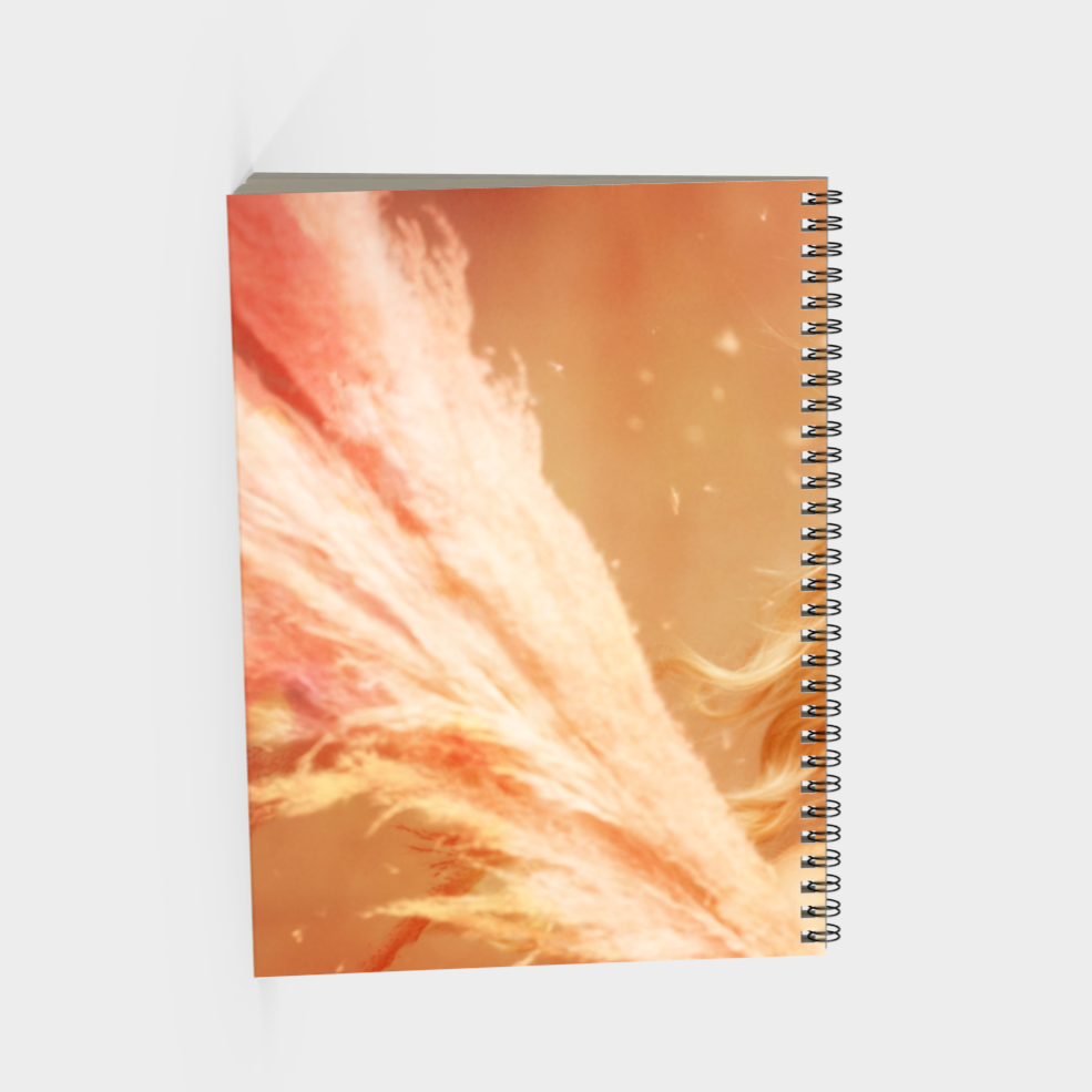 spiral bound note book of Fine art print of a young blonde girl holding pink fluffy plumes back view