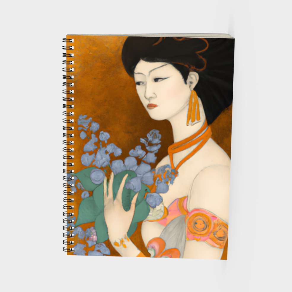 Spiral bound journal of a painted image of a Geisha holding some violets 