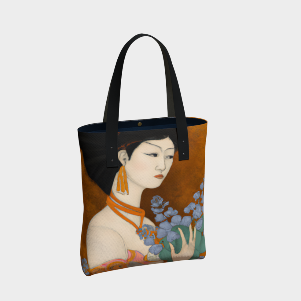 Tote Bag with a painted image of a Geisha holding some violets
