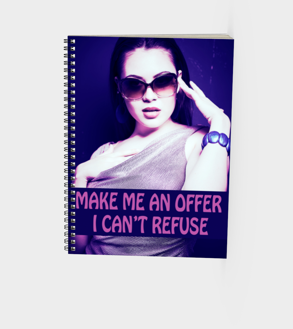 spiral bound journal with a purple cover and an image of a young woman in sunglasses. There is pink text that reads Make Me An Offer I Can't Refuse