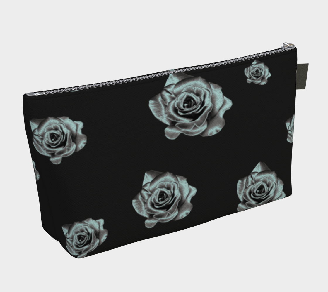 canvas makeup bag with a black and silver rose pattern on it